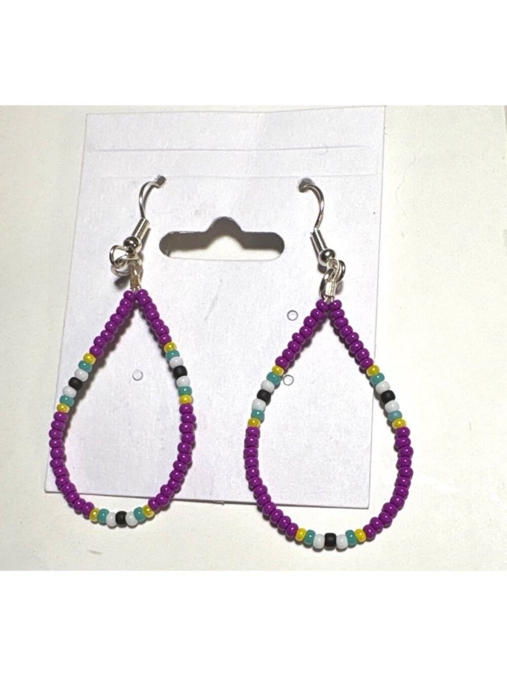 Handmade Bead Teardrop Hoop Dangle Earrings 2" Stainless Steel Seed Beads Purple